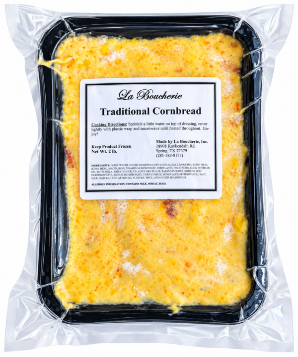 la boucherie traditional cornbread front A 2 lb tray of La Boucherie Traditional Cornbread in vacuum-sealed plastic packaging with a central product label.
