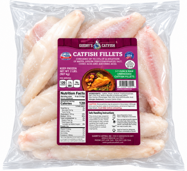 Guidry’s 2.5 lb IQF catfish fillets in a clear plastic package with a nutritional label.