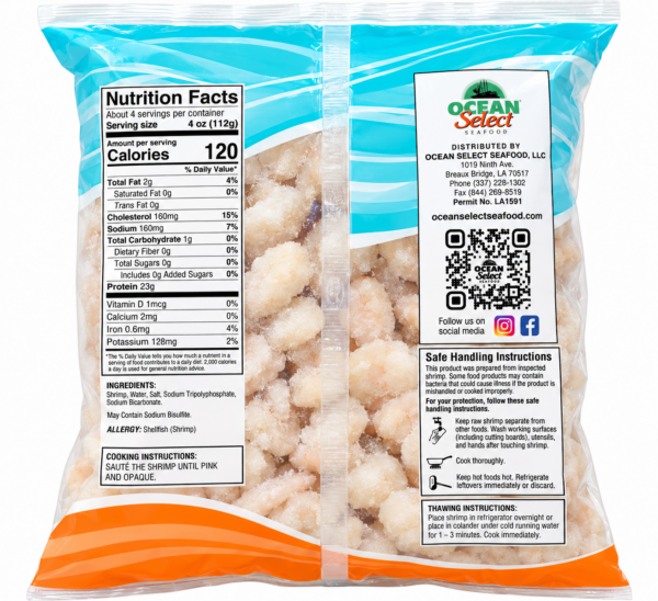 91-30 pud back A 12 oz bag of LA Select IQF peeled Gulf shrimp, 91-130 count, featuring nutrition, ingredients, and instructions.