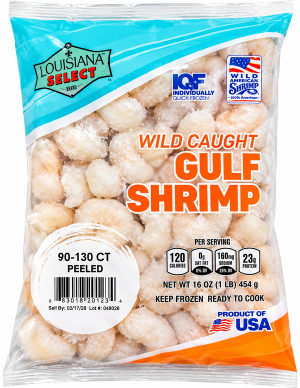 Clear plastic bag of LA Select 12 oz IQF Peeled Gulf Shrimp (91-130 ct) showing the product, nutrition facts, and info.