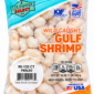 Clear plastic bag of LA Select 12 oz IQF Peeled Gulf Shrimp (91-130 ct) showing the product, nutrition facts, and info.
