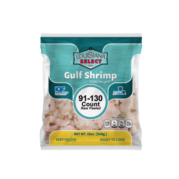 A 12 oz clear bag of LA Select IQF frozen, raw, peeled Gulf shrimp, 91-130 count.