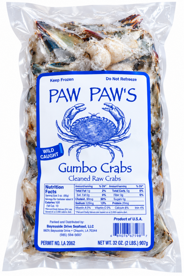 PawPaws Gumbo Crabs front A sealed 32oz bag of Anna Marie Gumbo Crabs, featuring a blue crab graphic and a nutrition facts label.