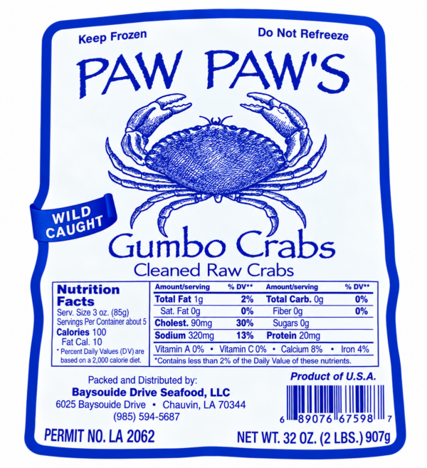 PawPaws Gumbo crabs label Label for 32oz Anna Marie Gumbo Crabs, featuring a central crab illustration and a nutrition facts panel.