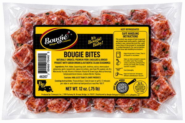 A 1 lb clear plastic package of Bougie Bologna Bites, featuring gourmet bologna seasoned with visible herbs.