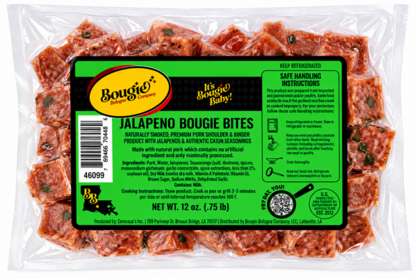 A plastic-wrapped 1 lb package of cubed Bougie Bologna Jalapeno pork bites.