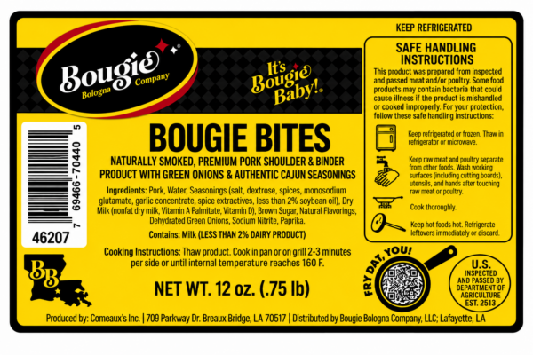 bougie bologna bites label Product label for 1 lb Bougie Bologna Bites, including ingredients, cooking instructions, and safe handling details.