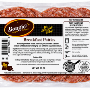 A 1 lb package of Bougie Bologna Breakfast Sausage, showing raw, sliced patties with visible spices.
