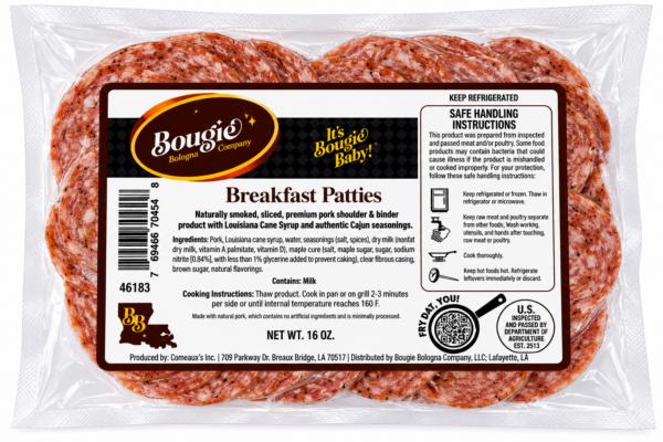 A 1 lb package of Bougie Bologna Breakfast Sausage, showing raw, sliced patties with visible spices.