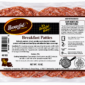A 1 lb package of Bougie Bologna Breakfast Sausage, showing raw, sliced patties with visible spices.