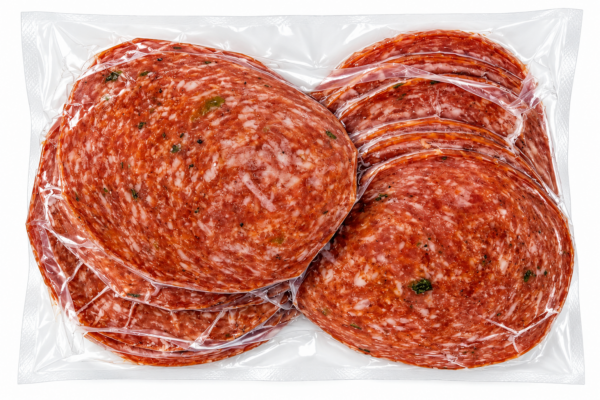 bougie bologna classic back Vacuum-sealed 1 lb package of herb-speckled Bougie Bologna Classic slices, arranged in an overlapping pattern.