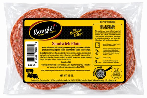 A 1 lb package of sliced, Cajun and jalapeno-spiced Bougie Bologna Classic with a nutrition label.