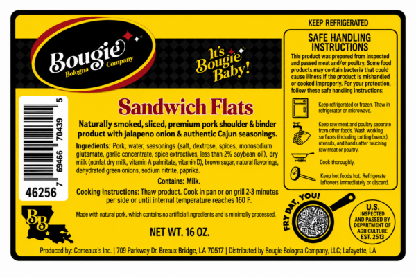 bougie bologna classic label Product label for 1 lb Bougie Bologna Classic sandwich flats, featuring ingredients, instructions, and safety tips.