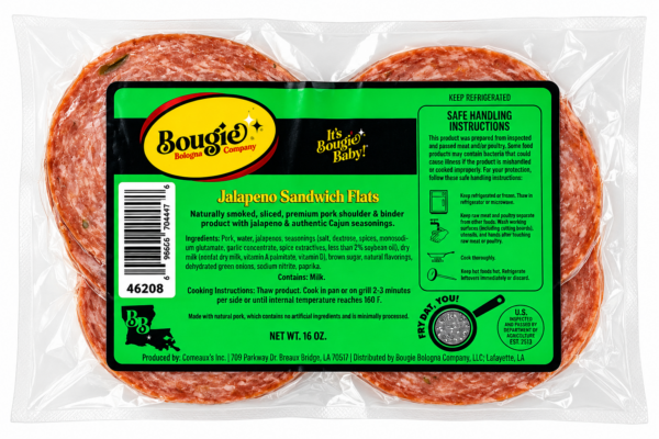 Two slices of 1 lb Bougie Bologna Jalapeno in a plastic package with a green and black label.