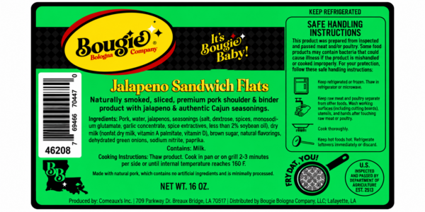 bougie bologna jalapeno label Product label for 1 lb Bougie Bologna Jalapeno sandwich flats, listing ingredients, cooking, and handling details.