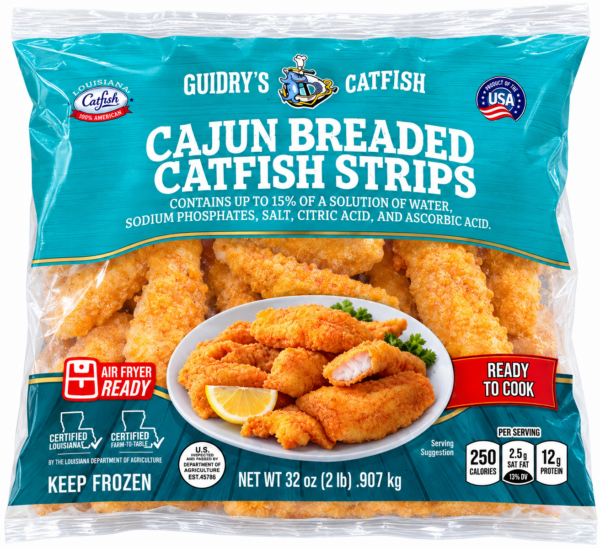 A 2 lb package of Guidry’s Breaded Catfish Strips, featuring a bowl of cooked fish, lemon, and parsley on the label.