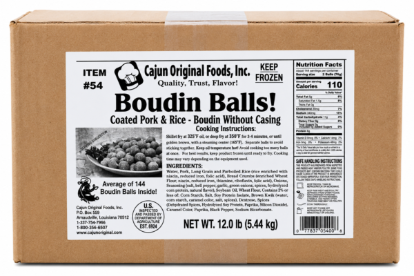 A 12lb bulk box of Cajun Original Foods Pork Boudin Balls with nutrition facts and cooking instructions.