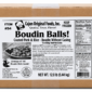 A 12lb bulk box of Cajun Original Foods Pork Boudin Balls with nutrition facts and cooking instructions.