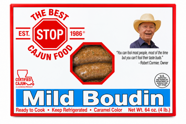4 lb box of The Best Stop Mild Boudin, featuring the owner’s photo, a quote, and a product viewing window.