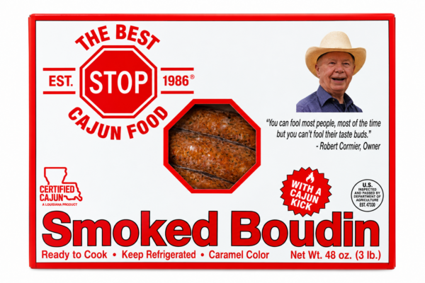 3 lb box of The Best Stop Smoked Boudin with a window showing three links, including a photo and quote from the owner.