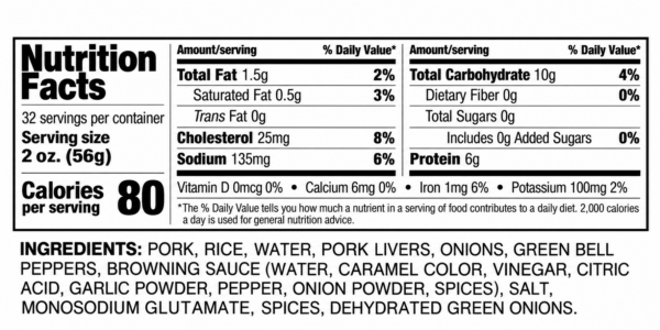 the best stop smoked boudin 3 lb nutrition Nutrition facts label for The Best Stop Smoked Boudin 3 lb Box, listing 80 calories, nutrients, and ingredients.