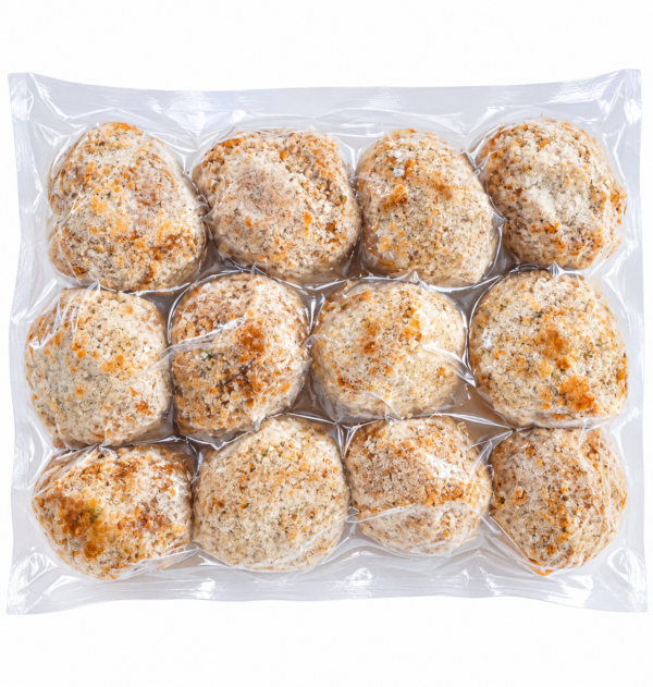 comeauxs boudin balls back A plastic package containing twelve breaded Comeaux’s Seafood Boudin Balls.