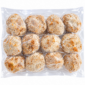 A plastic package containing twelve breaded Comeaux’s Seafood Boudin Balls.