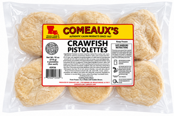 Four frozen Comeaux’s Crawfish Pistolettes in a clear plastic package with a center product label.