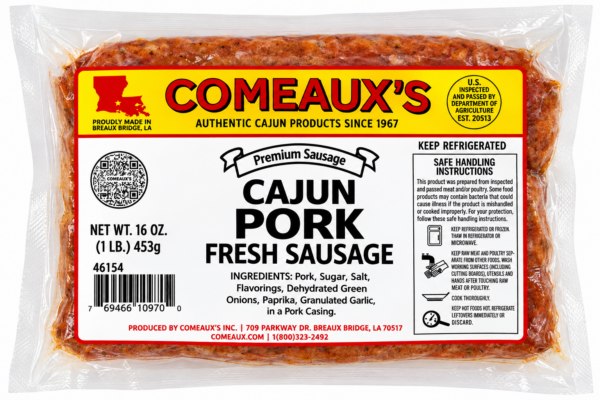 Package of Comeaux’s Premium Fresh Pork Sausage with label details including ingredients and safe handling instructions.