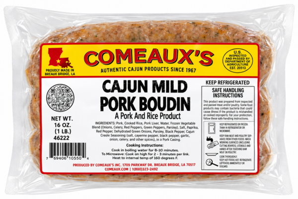 A link of mild Comeaux’s Pork Boudin sausage inside a labeled, clear plastic package.