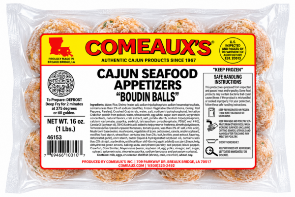 Clear plastic package of Comeaux’s Seafood Boudin Balls with cooking instructions and an ingredient list.