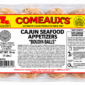 Clear plastic package of Comeaux’s Seafood Boudin Balls with cooking instructions and an ingredient list.