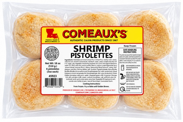 A package of six golden-brown Comeaux’s Shrimp Pistolettes with a label showing ingredients and instructions.