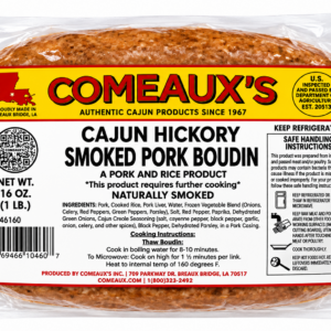 A package of mild Comeaux’s Pork Boudin sausage links in a clear plastic wrapper.