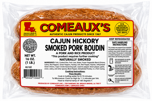 A package of mild Comeaux’s Pork Boudin sausage links in a clear plastic wrapper.