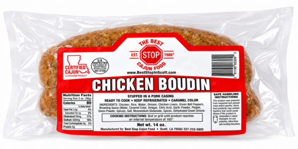 A package of The Best Stop Chicken Boudin inside clear plastic packaging, featuring a prominent red and white label.