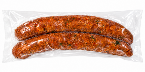 the best stop smoked chicken sausage back Two raw The Best Stop Jalapeno chicken sausage links with visible green peppers and spices, vacuum-sealed in plastic.