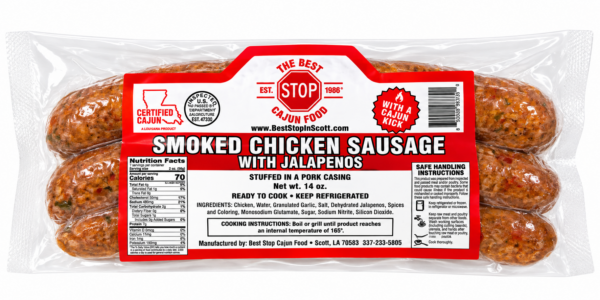 A package of four raw The Best Stop chicken sausages with visible pieces of jalapeño.
