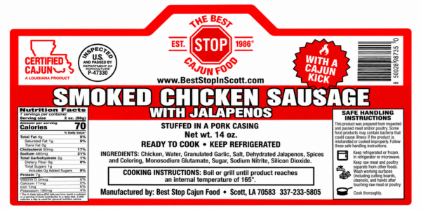 the best stop smoked chicken sausage label Product label for The Best Stop Jalapeno Chicken Sausage, showing nutrition facts and cooking instructions.
