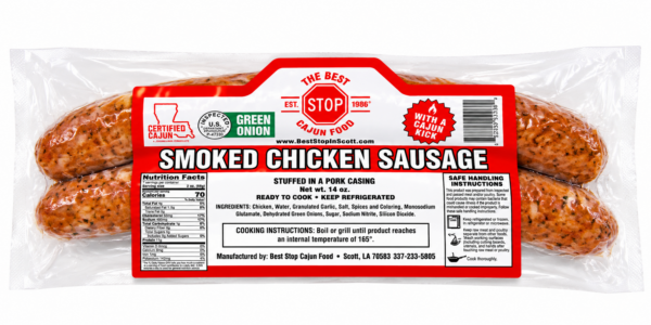 A vacuum-sealed package of The Best Stop Green Onion Chicken Sausage featuring a red nutrition and ingredients label.
