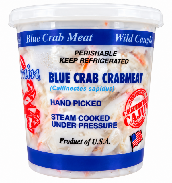 crab fingers 1 Pontchartrain Blue Crab Fingers 16 oz container featuring a red crab logo and a small American flag graphic.