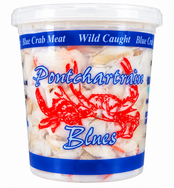 crab fingers 2 A 16 oz Pontchartrain Blue Crab Fingers container with bold blue text and red crab artwork on the plastic packaging.