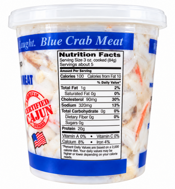 crab fingers 3 A 16 oz Pontchartrain Blue Crab Fingers container shows nutrition facts and a “Certified Cajun” logo beside a lake.