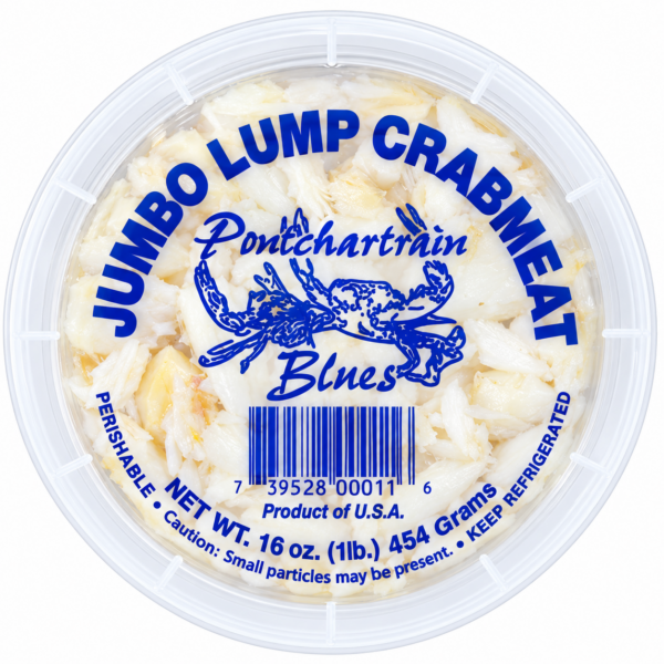 jumbo lump 1 A clear tub labeled “Pontchartrain Jumbo Lump Crab Meat 16 oz” with a blue crab logo and visible crab meat inside.