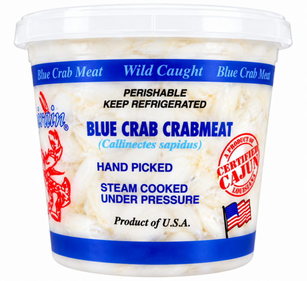 jumbo lump 4 Pontchartrain Jumbo Lump Crab Meat 16 oz—wild caught, hand picked, steam cooked in a plastic tub with U.S. flag and seals.