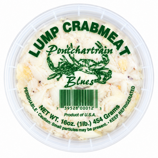 lump 1 Pontchartrain Lump Crab Meat 16 oz in a plastic tub with crab art and “Lump Crab Meat” label, filled with white crabmeat.