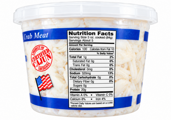 lump 2 Pontchartrain Lump Crab Meat 16 oz in a clear plastic tub with nutrition label, US flag, and Certified Cajun Louisiana logo.
