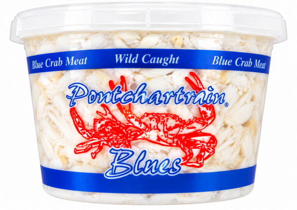 lump 3 Pontchartrain Lump Crab Meat 16 oz container shows wild caught crab meat and a red crab illustration on the front.