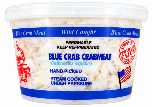 lump 4 Pontchartrain Lump Crab Meat, 16 oz—wild-caught, hand-picked, steam-cooked Louisiana product in a plastic container.