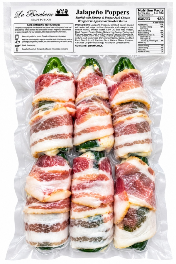 la boucherie jalapeno shrimp PJC back Six vacuum-sealed La Boucherie shrimp and pepper jack stuffed jalapeno poppers wrapped in bacon.